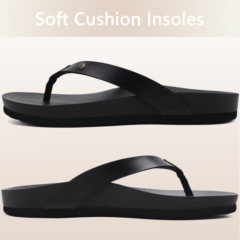 ONCAI Womens Flip Flops For Women Comfortable Leather Strap Yoga Mat Non-Slip Women's Thong Sandal Casual Summer Beach Slippers With Arch Support Black Size 7 - Image 5